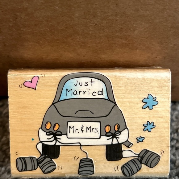 JUST MARRIED MR MRS CAR CANS VINTAGE RUBBER STAMP WESTWATER ENT.CREAKYATTIC - Picture 2 of 8